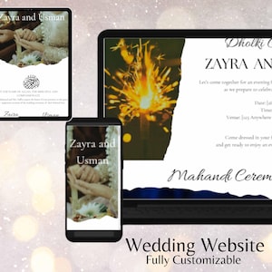 May include: A wedding website design template featuring a laptop, tablet, and phone showcasing a wedding invitation with the text "Zayra and Usman". The invitation includes the phrases "Dholki Ceremony" and "Mahandi Ceremony". The website is fully customisable.