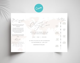 Destination Wedding Invitation Template: Elegant Folded Travel Theme (Printable Timeline & RSVP Card)