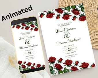 Rote Rose Hochzeitseinladung, elektronische Hochzeit einladen Vorlage, digitaler Download, rote Rose Hochzeit Evite, Templett. WEI12