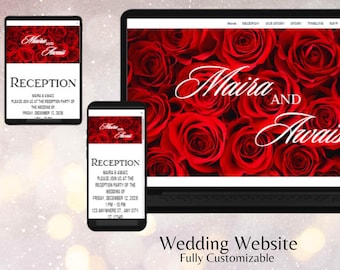 May include: A wedding website template featuring a background of red roses and the text "Maira and Awais" in white cursive script. The website is fully customisable.