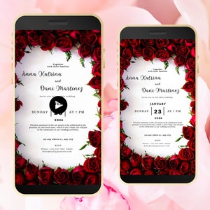 Rote Rose Hochzeit Evite Vorlage, Digitale Hochzeitseinladung, Rote Rose Video Hochzeitseinladung, Textnachricht, Handy Einladen. WEI6