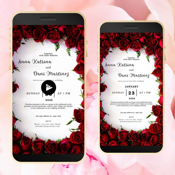 Red Rose Wedding Evite Template, Electronic Wedding Invitation, Red Rose video Wedding Invitation, Text Message, Mobile Phone Invite. WEI6