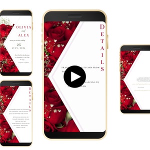 Puede incluir: Una invitación de boda en la pantalla de un teléfono inteligente con un diseño floral de rosas rojas. El texto dice "Olivia y Alex" y "25 de julio de 2024".