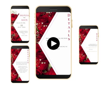 Moderne elektronische rote Rose Hochzeitseinladung, rote Rose Antwortkarten, elegante rote Rose Hochzeitseinladung, Smartphone Einladung. WEI5
