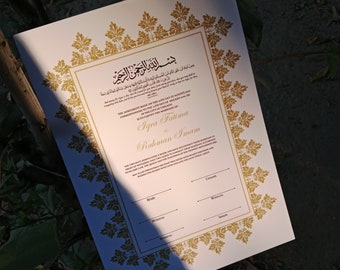 Nikkah-intyg med fjäderpenna och guldram, Nikkah-intyg, Nikkahnama, muslimskt vigselbevis, A4/A3-intyg. P25