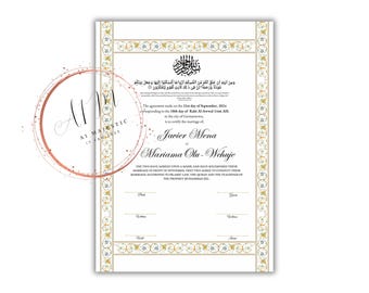 Certificado Nikkah de lujo, contrato de boda islámico premium A4, Nikkah Nama, certificado de matrimonio musulmán, nombres personalizados, A4, A3. NN274