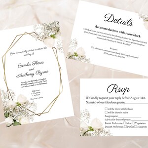 Bearbeitbare Hochzeitseinladungsvorlage mit elfenbeinweißen Rosen, Hochzeitseinladungsrosen, Grün mit weißen Blumen, die Hochzeit einlädt. NN15