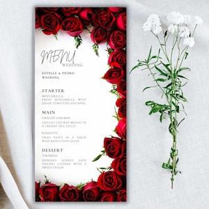 Wedding Menu Template Download, Red Rose Wedding Menu Card, Red Menu Template, Wedding Menu, Modern Dinner Menu, Instant Download, WS53