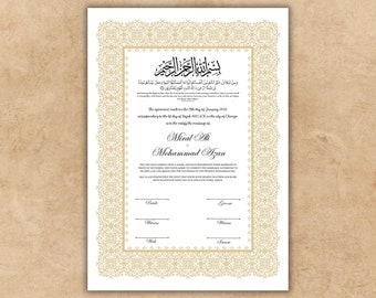 Certificado Nikkah Descarga digital personalizada, A4, A3, Plantilla, Editable, Nikkah Nama, Contrato Nikkah, Contrato musulmán. NN247