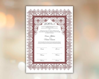 Luksusowy certyfikat Nikkah, Premium A4 Islamska umowa ślubna, Nikkah Nama, Muzułmański certyfikat małżeństwa, Spersonalizowane imiona, A4, A3. NN291