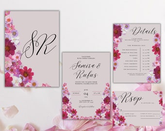 Pink Floral Wedding Invitation Set, Editable Template (Digital Download)