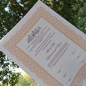 Certificado Nikkah con pluma y marco dorado, certificado Nikkah, Nikkahnama, certificado de matrimonio musulmán, certificado A4/A3. P34