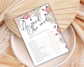 Pink Rose Bridal Shower Game, He Said She Said (Editable, Digital Download)
