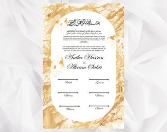 May include: A white and gold wedding certificate with Arabic calligraphy and the text "The agreement made on the 1st day of August, 2023, corresponding to the 11th day of Shaban 1443 AH in the city of Chicago, is the certify the marriage of: Anika Hassan & Akram Sabri". The certificate has spaces for the bride, groom, witnesses, and imam.