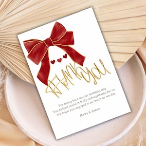 Tarjeta de agradecimiento con lazo para boda, plantilla de agradecimiento con cinta, rojo y blanco, plantilla de boda coqueta, diseño minimalista. WS47