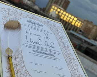 Nikkah Certificate with Feather Pen and Gold Frame, Nikkah Certificate, Nikkahnama, Muslim Marriage Certificate, A4/ A3 Certificate. 44