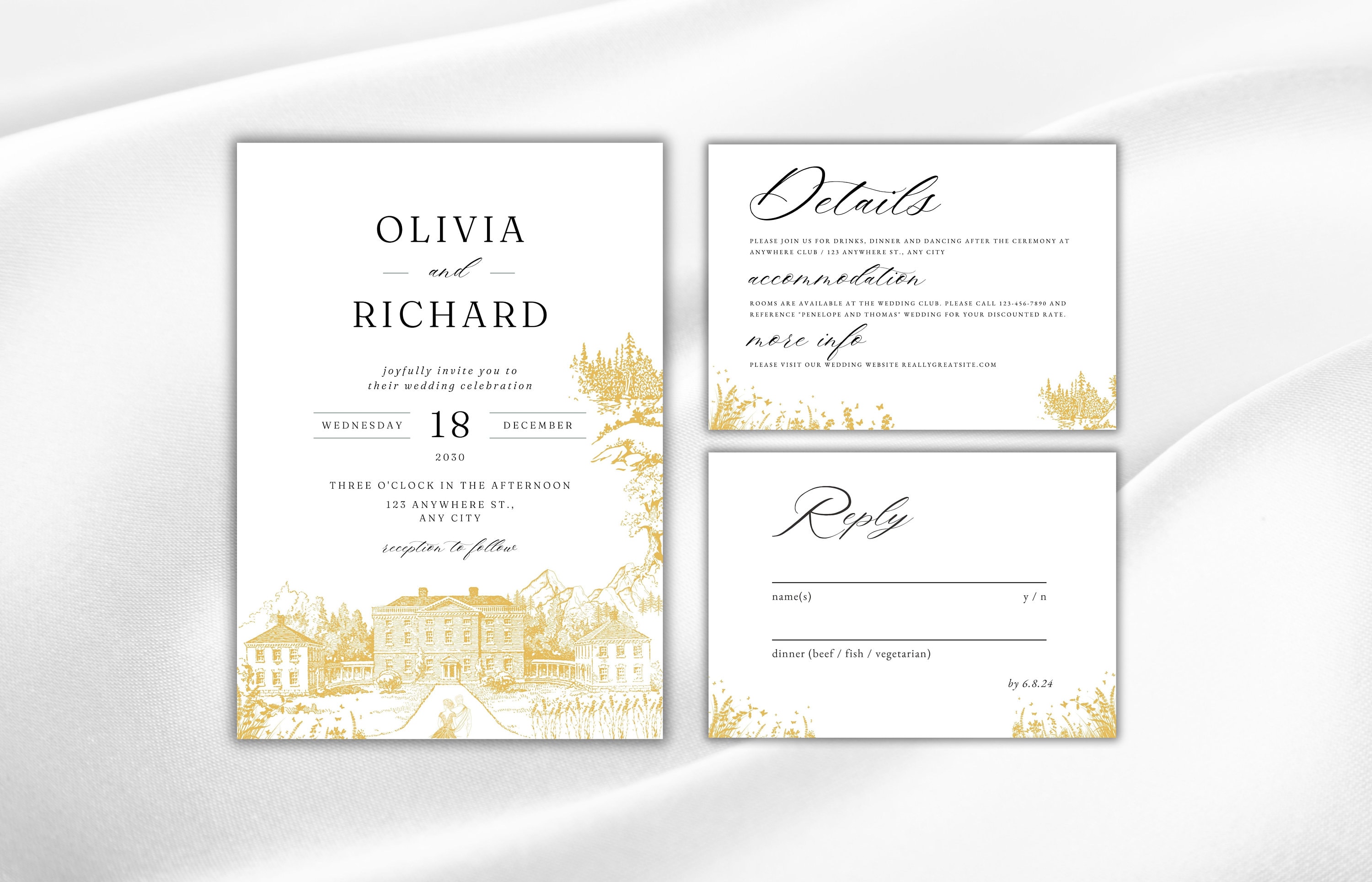 Wedding Palace Invitation Template, RSVP, Details Card (editable