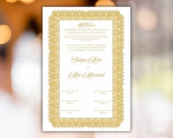 Certificado Nikkah de lujo, contrato de boda islámico premium A4, Nikkah Nama, certificado de matrimonio musulmán, nombres personalizados, A4, A3. NN286