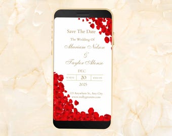 Moderne elektronische rote Rosenblätter Hochzeitseinladung, rote Hochzeit einladen, elegante rote Rose Hochzeitseinladung, Smartphone-Einladung. WEIB37