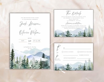 Mountain Wedding Invitation Template Set Pine Tree Wedding Suite,  Details Card, Printable RSVP, Outdoor Wedding Invite. WI92
