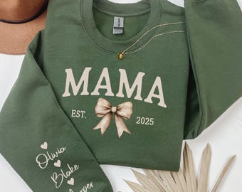 Custom Mama Sweatshirt, Personalized Mom Sweatshirt With Kids Name, Custom Mama Sweater, Mothers Day Gift, Coquette Christmas Gift For Mom