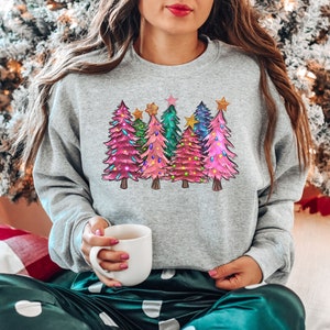 Pink Tree Christmas Sweatshirt, Christmas Sweater, Christmas Shirts for Women, Christmas Tree Sweatshirt, Holiday Tshirts, Winter Sweatshirt