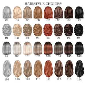 May include: An illustration showcasing a variety of hairstyles, each identified by a number. The image features a range of hair colors, including silver, blonde, brown, and black. The text "HAIRSTYLE CHOICES" is at the top.