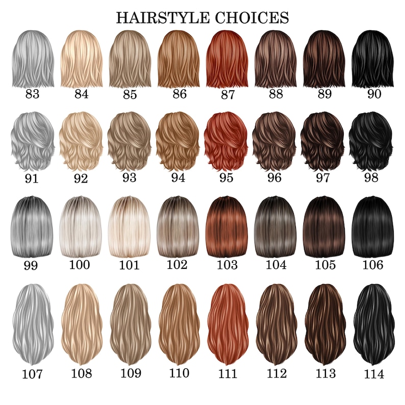 May include: An illustration showcasing a variety of hairstyles, each identified by a number. The image features a range of hair colors, including silver, blonde, brown, and black. The text "HAIRSTYLE CHOICES" is at the top.
