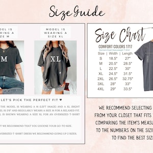 May include: A size guide for a Comfort Colors 1717 t-shirt featuring two images of the shirt in sizes M and XL, alongside a size chart with width and length measurements in inches for sizes S through 4XL, and instructions for selecting a fit.