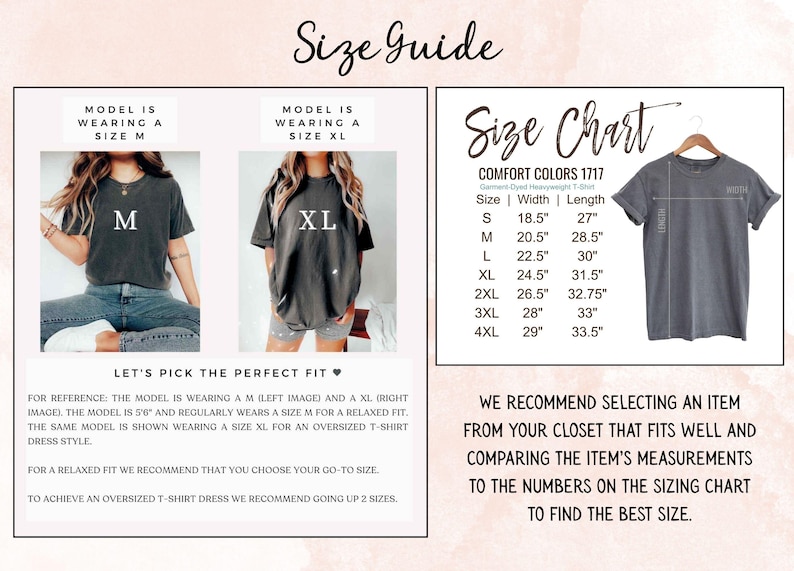 May include: A size guide for a Comfort Colors 1717 t-shirt featuring two images of the shirt in sizes M and XL, alongside a size chart with width and length measurements in inches for sizes S through 4XL, and instructions for selecting a fit.