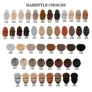 May include: A graphic featuring a selection of hairstyles, each numbered. The image includes various hair colors and styles, from straight to curly, and different lengths. The text "HAIRSTYLE CHOICES" is at the top.