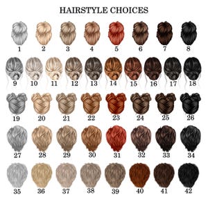May include: An illustration titled "HAIRSTYLE CHOICES" featuring 42 different hairstyles. The hairstyles are numbered and range in color from light blonde to black, including buns, updos, and various lengths and textures.