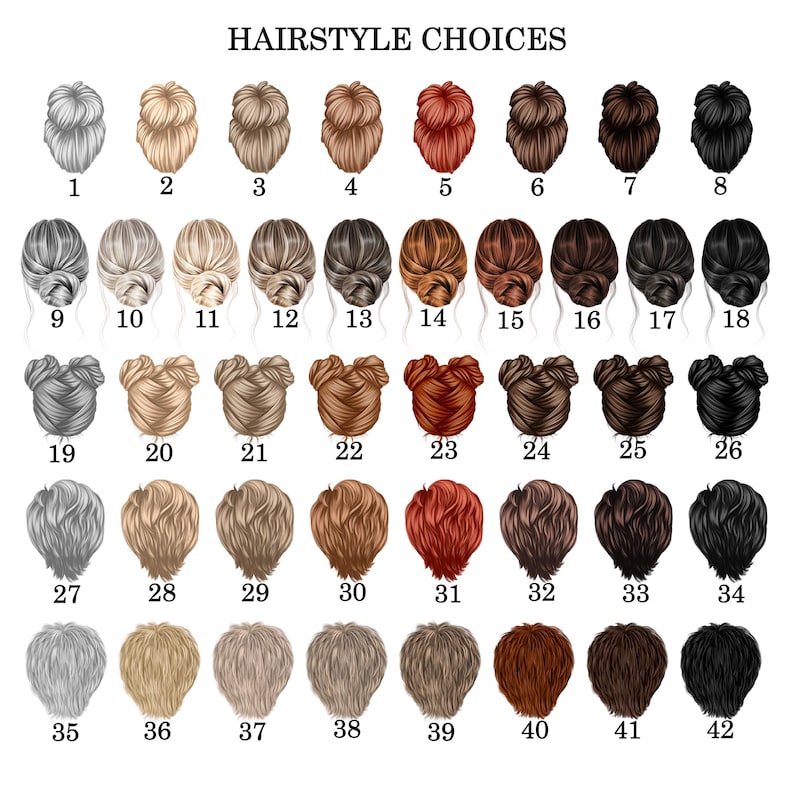 May include: An illustration titled "HAIRSTYLE CHOICES" featuring 42 different hairstyles. The hairstyles are numbered and range in color from light blonde to black, including buns, updos, and various lengths and textures.