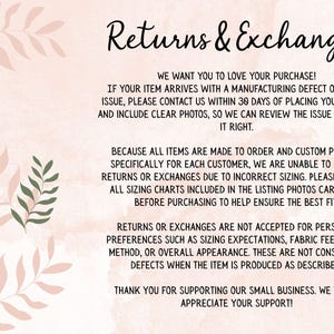 May include: A pale pink informational graphic with dark green and light pink leaf illustrations on the left side. The text reads Returns & Exchanges, detailing policies regarding manufacturing defects, custom print orders, and sizing guidelines.