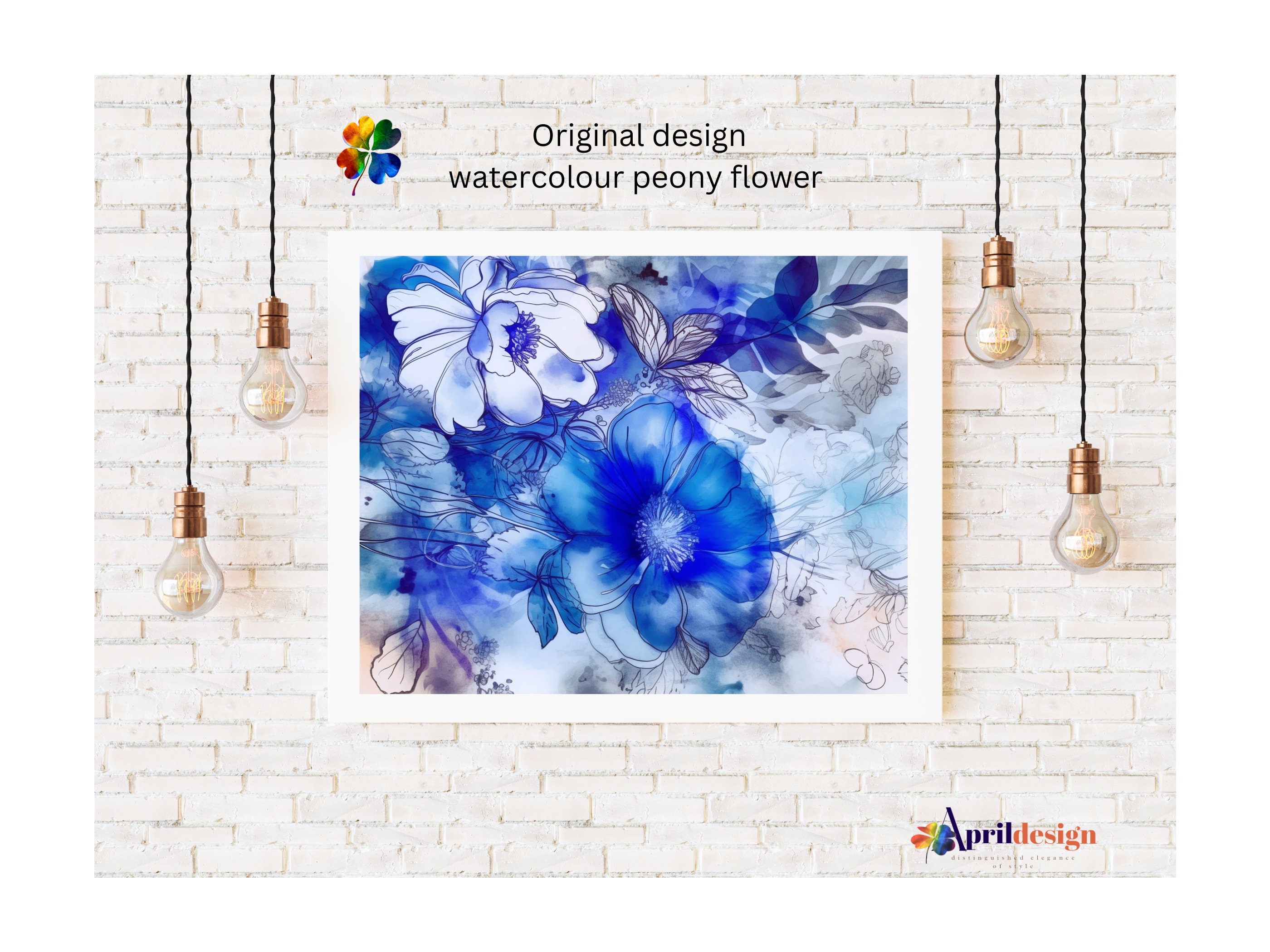 Watercolour Doodle Blue Peony Wall Art Set Botanical Etsy Canada