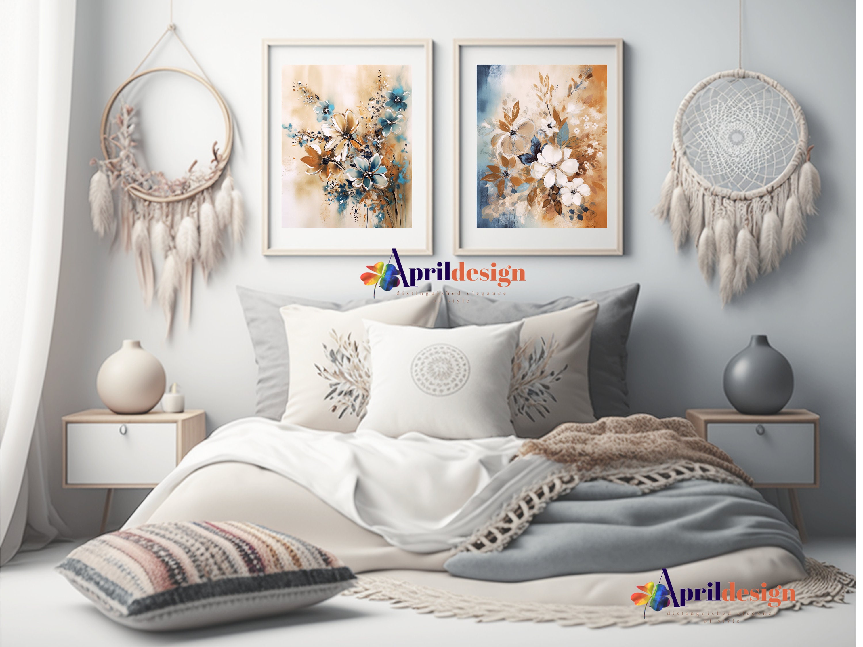 Boho Flower Painting Set of 2/flower Painting for Boho Style Living ...