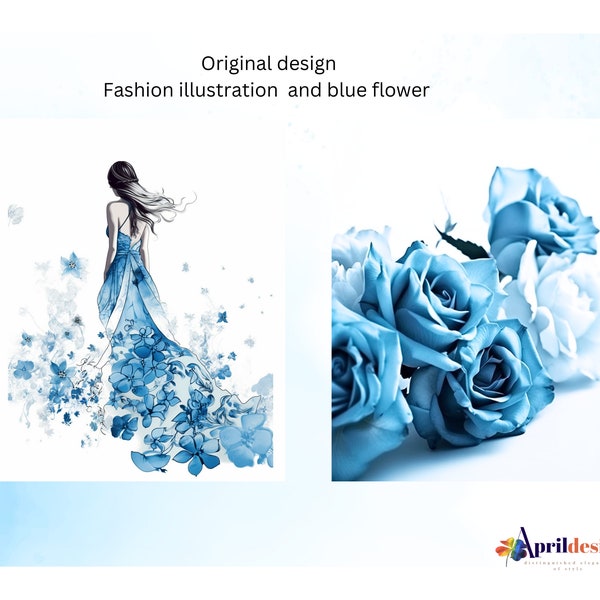 fashion poster for girl room decor/blue rose poster/fashion illustration/blue dress with flower/girl wear blue dress/fine art blue flower