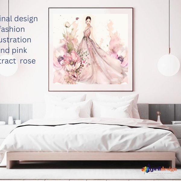 peinture girly illustration de mode abstraite rose/chambre salon mur art ensemble/fille en robe de mariée affiche abstraite rose rose peinture