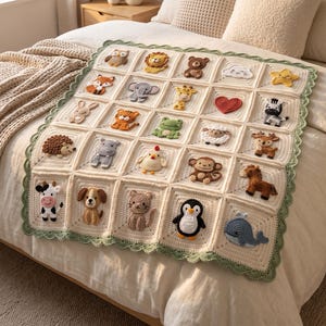 Crochet Baby Blanket Pattern PDF | 25 Animal Appliqués | Digital Download PDF