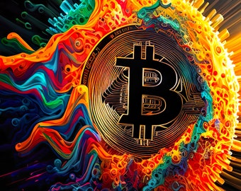 Bitcoin, Bitcoin degrading, Colorful Bitcoin image ,Abstract Bitcoin , Bitcoin digital file , Bitcoin engulfed in fire