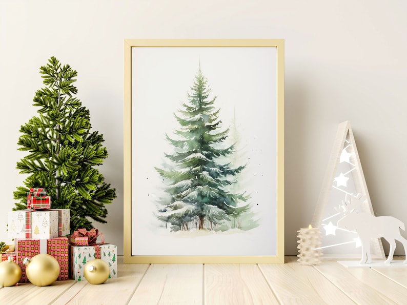 Snowy Tree Print, Vintage Style Christmas Tree Print, Winter Wall Art, Digital Print, Evergreen Tree, Printable Holiday Art image 4