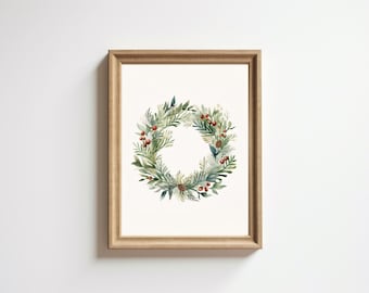 Holiday Wreath Print, Wreath Art, Christmas Decor, Holiday Decoration, Wreath Wall Decor, Printable Art, Watercolor Wreath, Christmas Print