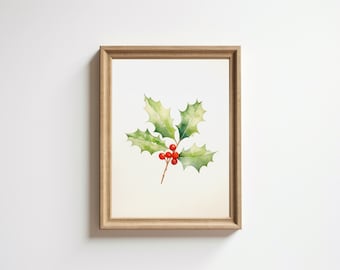 Holly Christmas Print, Printable Holiday Art, Winter Print, Minimalist Print, Christmas Home Decor, Holly Art Print, Water Color Painting