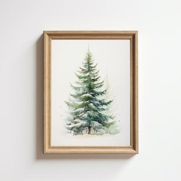 Snowy Tree Print, Vintage Style Christmas Tree Print, Winter Wall Art, Digital Print, Evergreen Tree, Printable Holiday Art