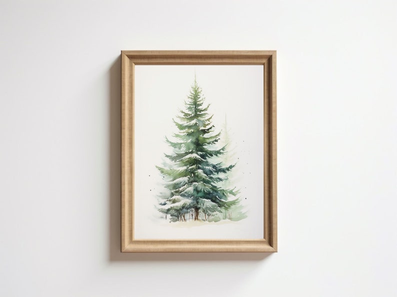 Snowy Tree Print, Vintage Style Christmas Tree Print, Winter Wall Art, Digital Print, Evergreen Tree, Printable Holiday Art image 1
