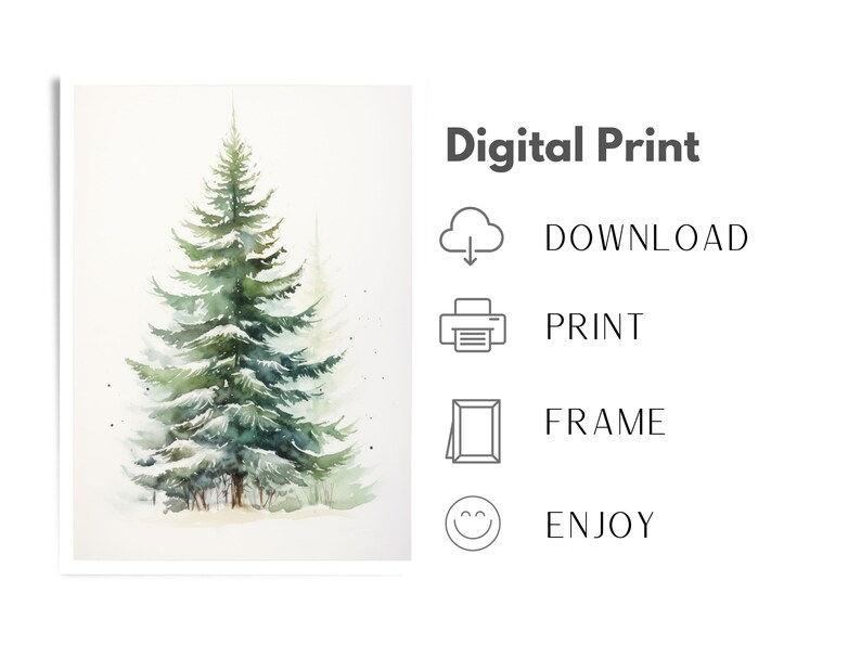 Snowy Tree Print, Vintage Style Christmas Tree Print, Winter Wall Art, Digital Print, Evergreen Tree, Printable Holiday Art image 3