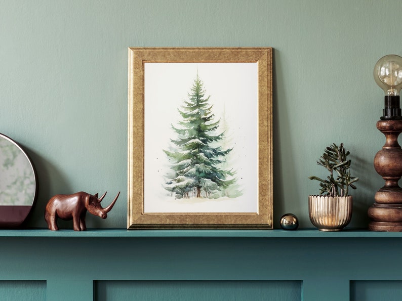 Snowy Tree Print, Vintage Style Christmas Tree Print, Winter Wall Art, Digital Print, Evergreen Tree, Printable Holiday Art image 2