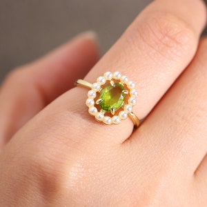 Oval cut emerald engagement ring, Adjustable pearl ring, unique sterling silver wedding ring, June birthstone, promise ring, gift for her