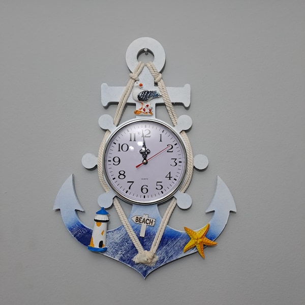Anchor clock Decorative clock for a house by the sea Marine-style clock Blue and white clock Wooden anchor clock 14х10"