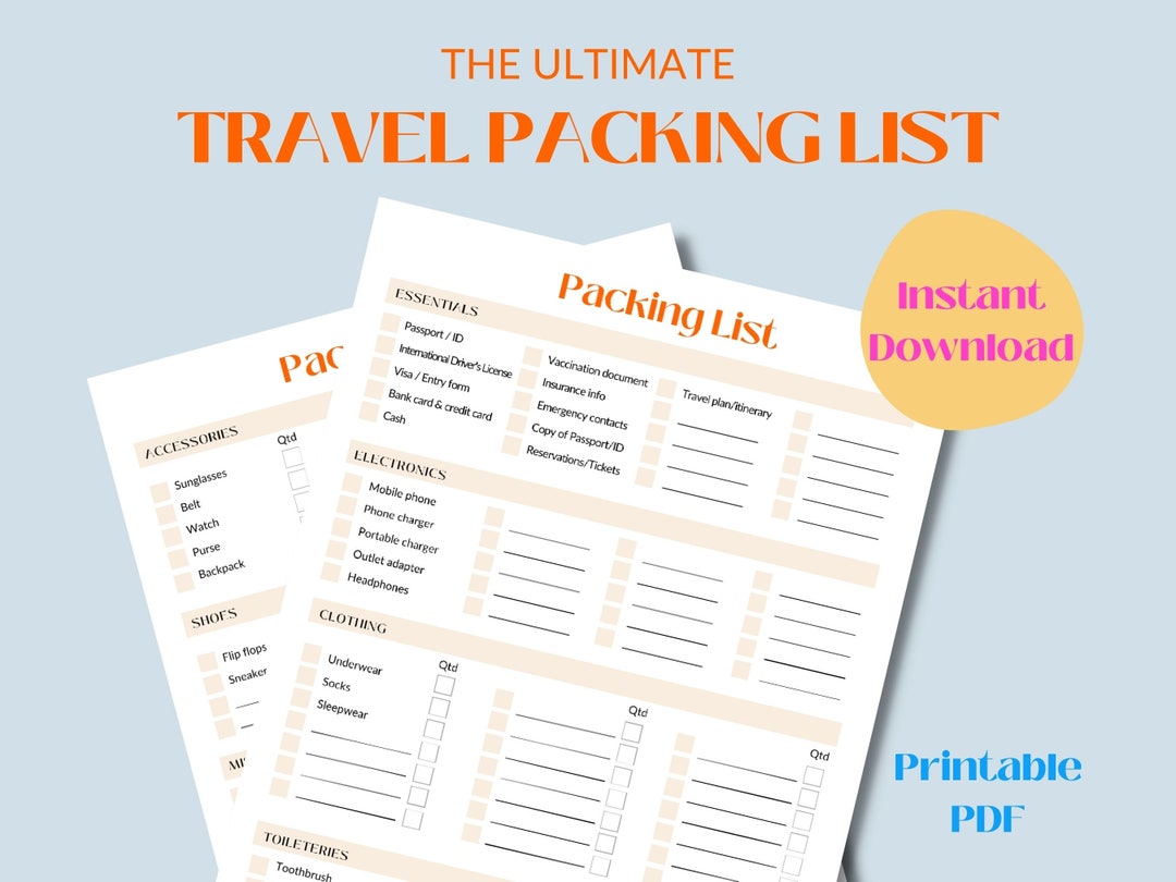 Ultimate Travel Packing List Printable Travel List Travel Essentials